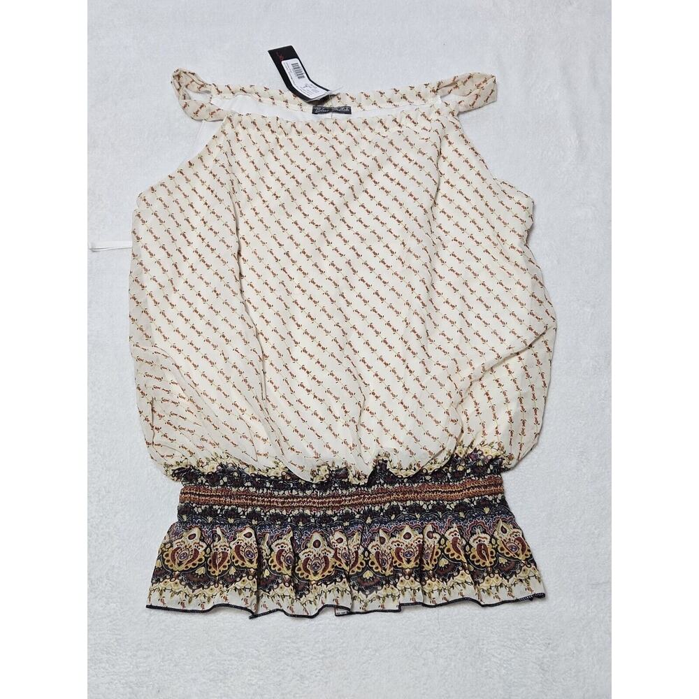 Blue Sketch Blouse Juniors Large Beige Sleeveless Sheer Floral Blouse Top